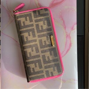Authentic FENDI Zucca Zip-Around Wallet Brown Canvas with Pink Trim